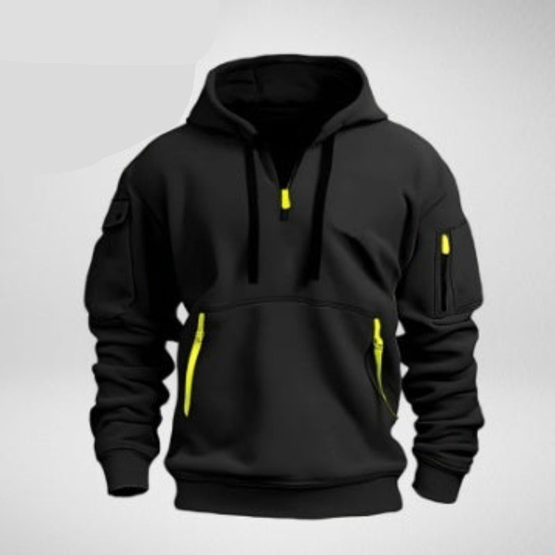 Black hoodie with yellow zippers on a gray background, labeled '2PCS'.
