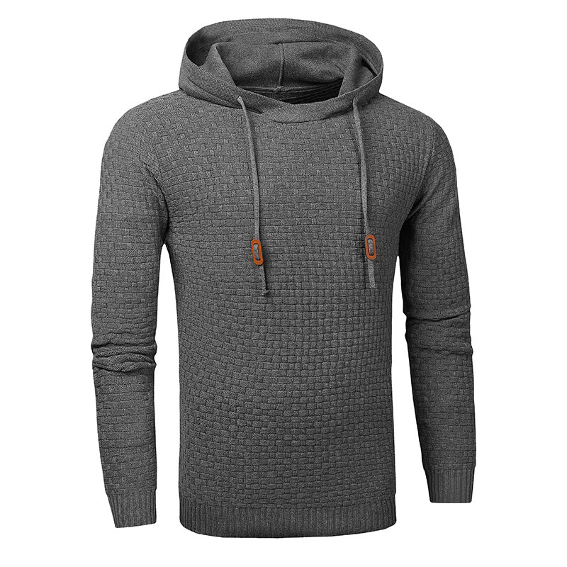 Gray textured hoodie with drawstrings on a white background