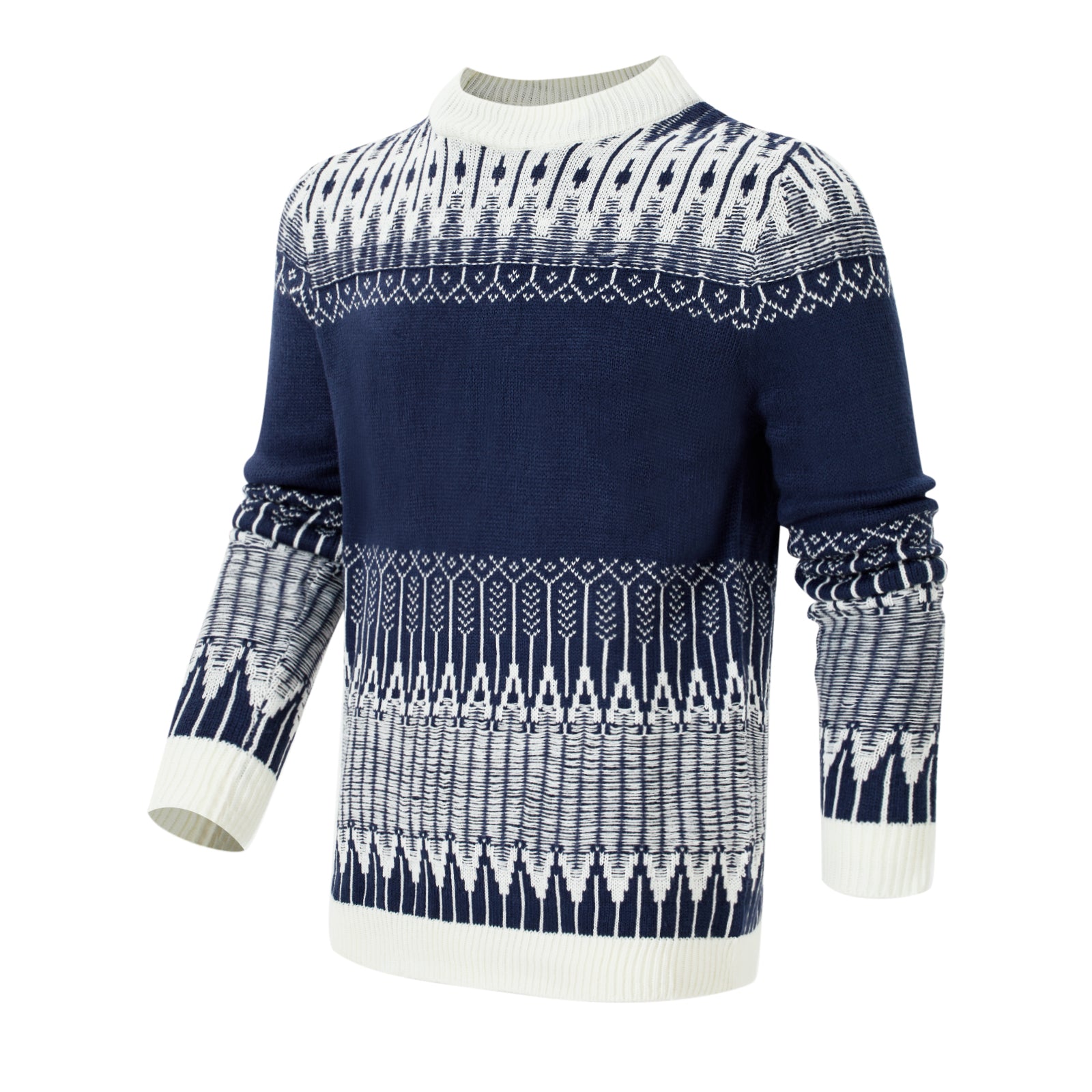 Navy blue sweater with white pattern on a white background