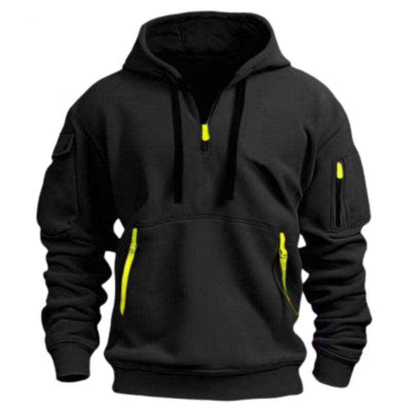 Black hoodie with yellow zippers on a white background