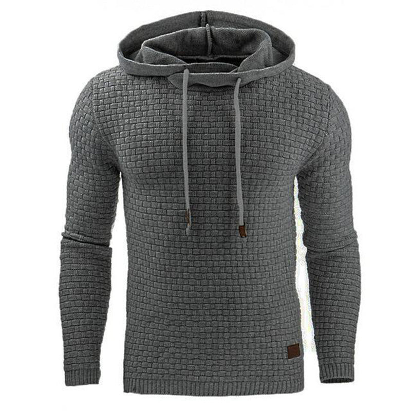 Gray textured hoodie with drawstrings on a white background