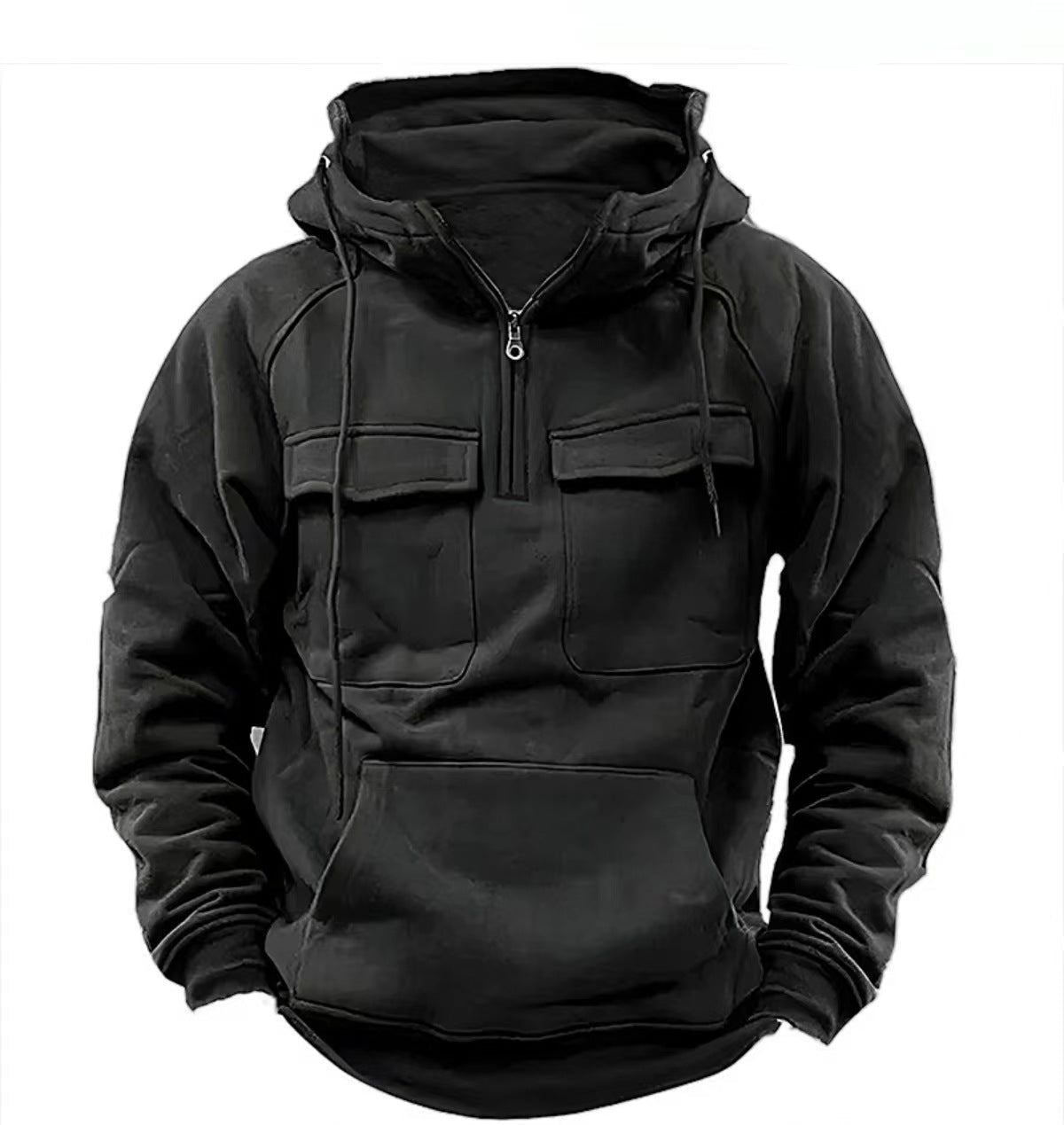 Black tactical hoodie with multiple pockets on a white background