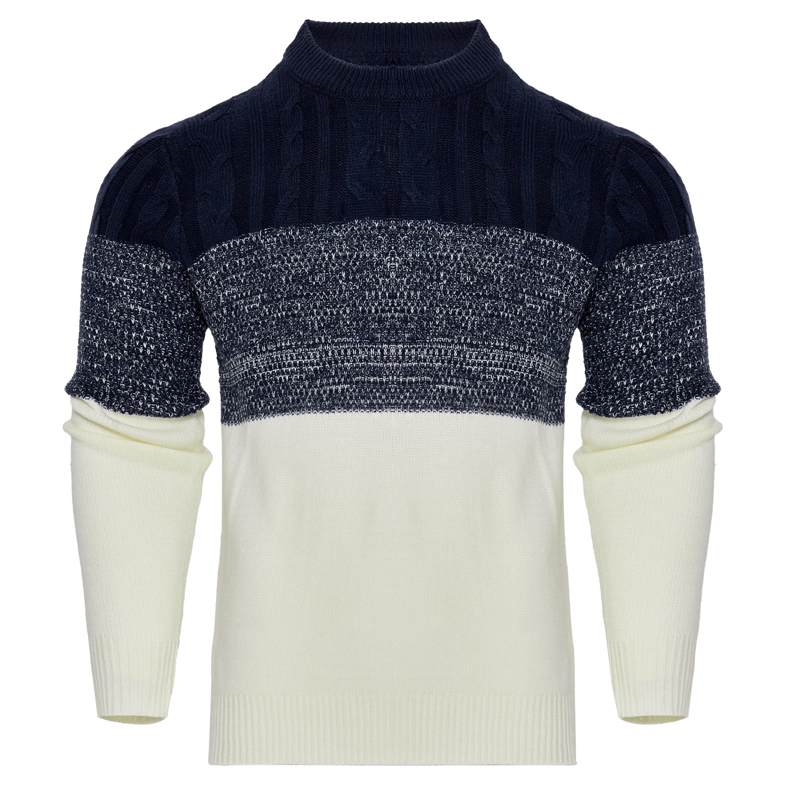Two-tone sweater with dark blue and white sections on a white background
