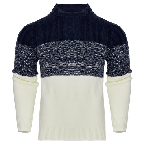 Two-tone sweater with dark blue and white sections on a white background