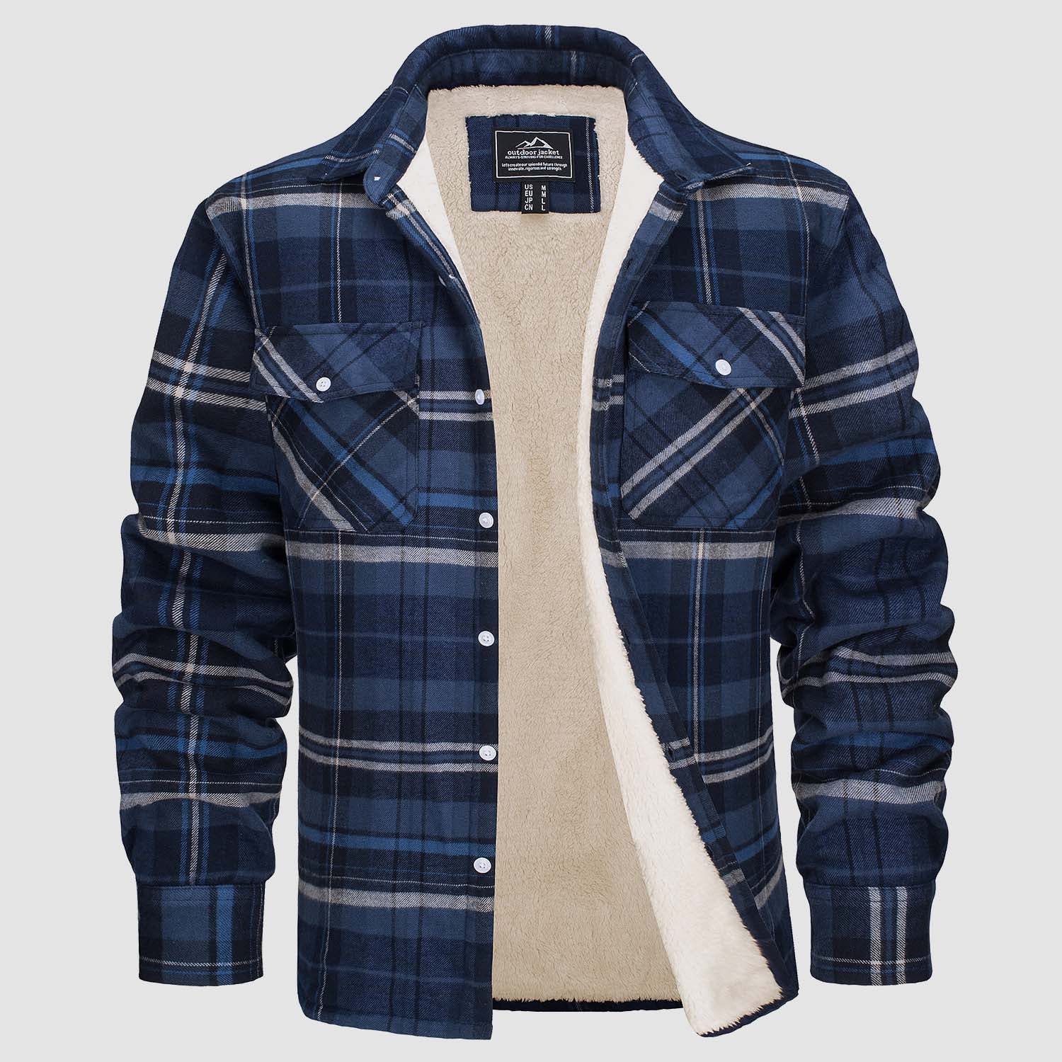 Blue plaid shirt with beige fleece lining on a light gray background