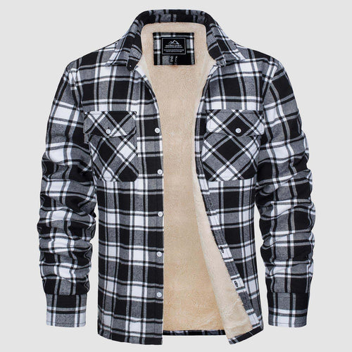 Black and white plaid shirt with beige sherpa lining on a light gray background