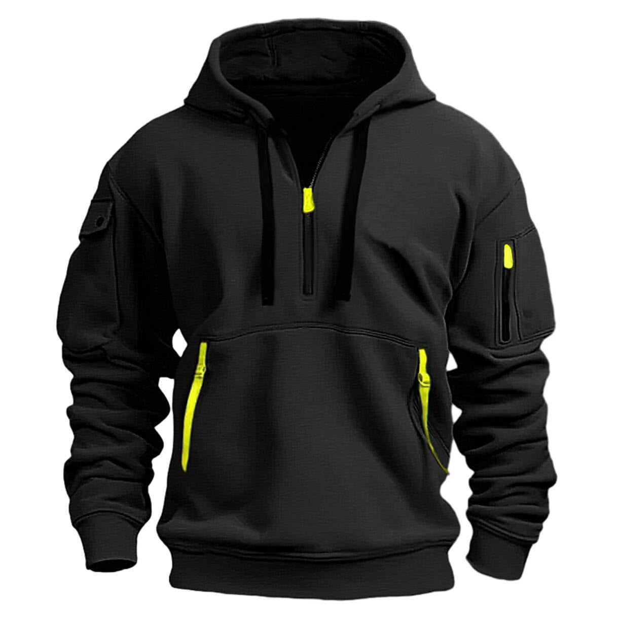 Black hoodie with yellow zippers on a white background