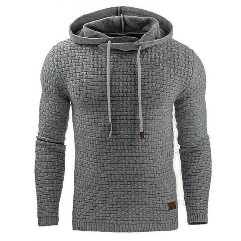 Gray textured hoodie with a brand logo on a white background