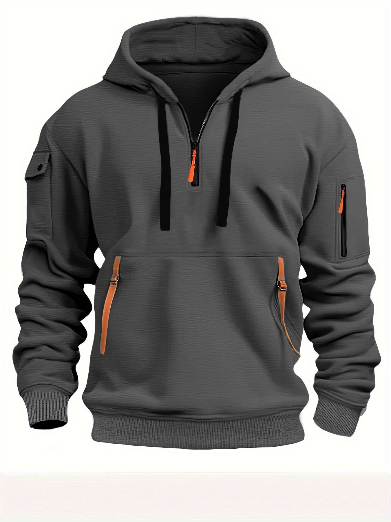 Gray hoodie with orange zippers and accents on a white background
