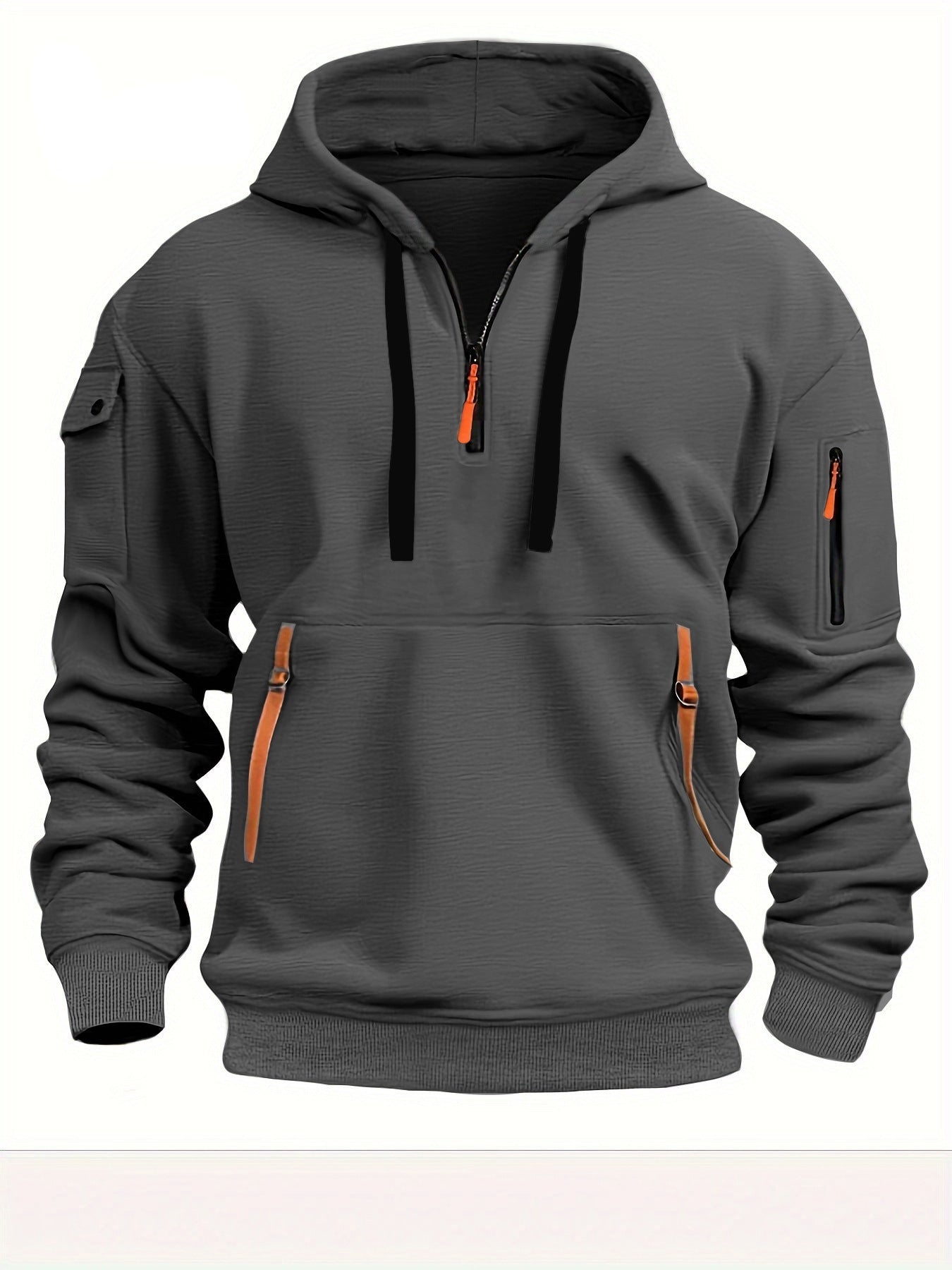 Gray hoodie with orange zippers and accents on a white background