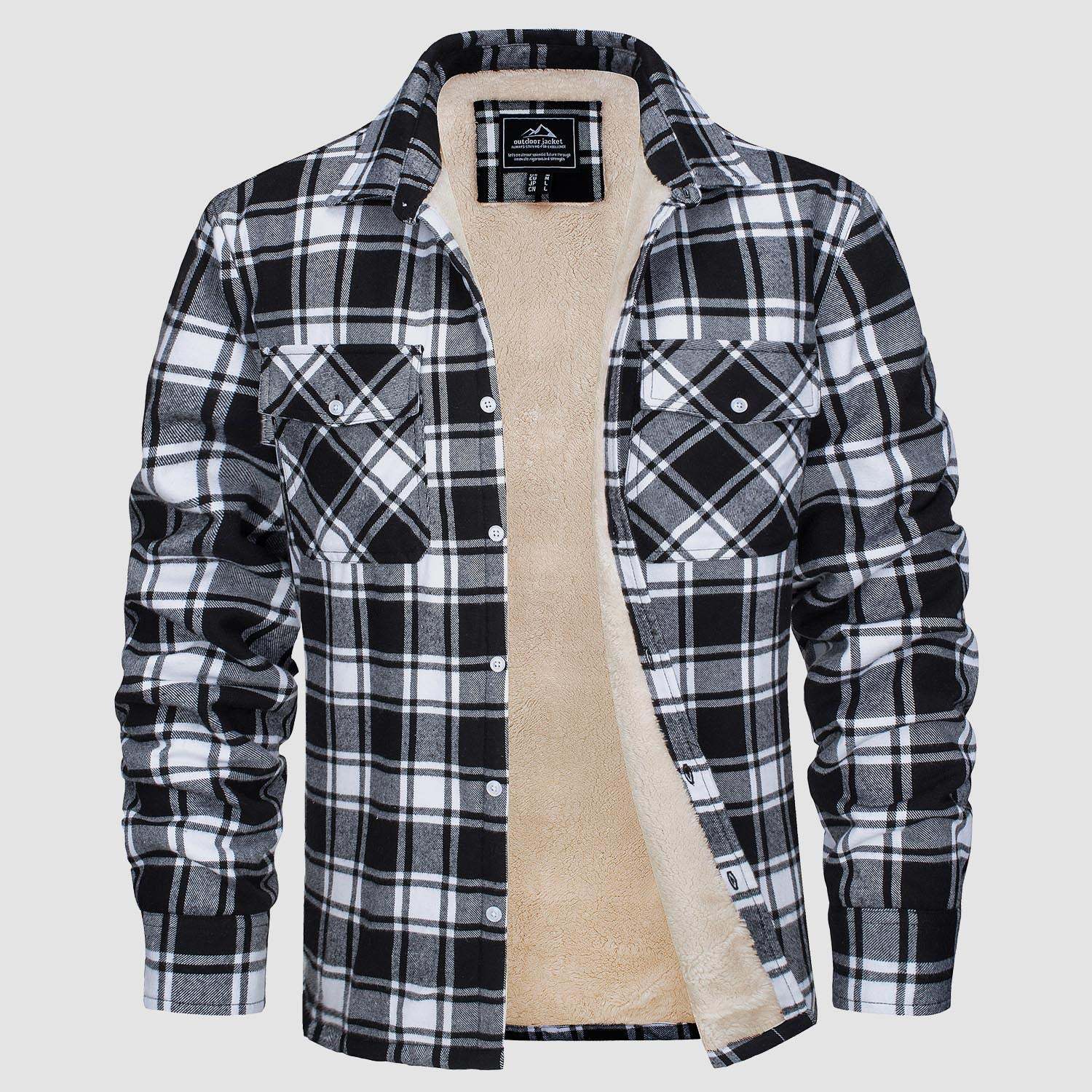 Black and white plaid shirt with beige sherpa lining on a light gray background