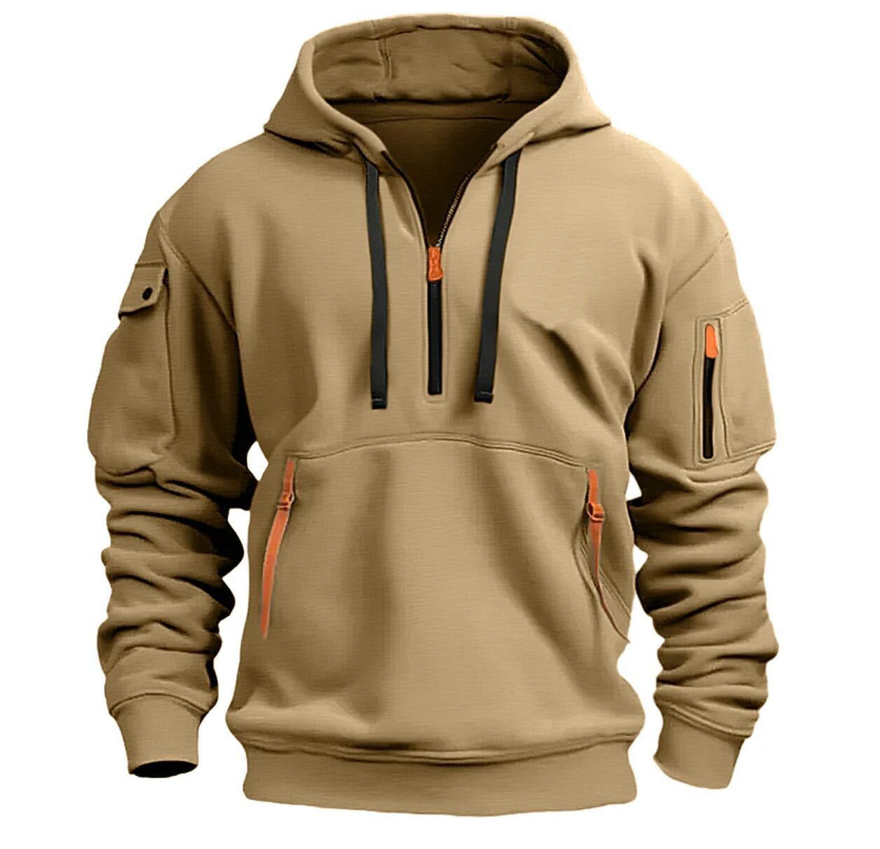 Tan hoodie with black zipper and orange accents on a white background