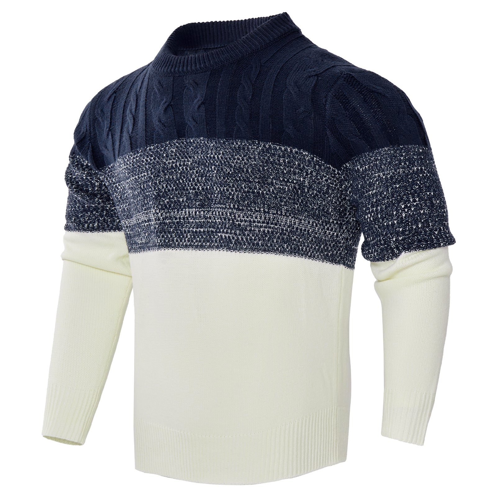 Two-tone sweater with dark blue and white sections on a white background