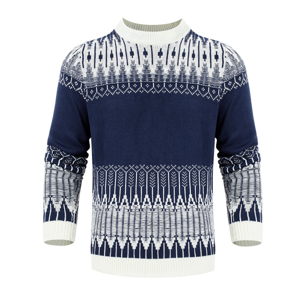 Navy blue sweater with white pattern on a white background