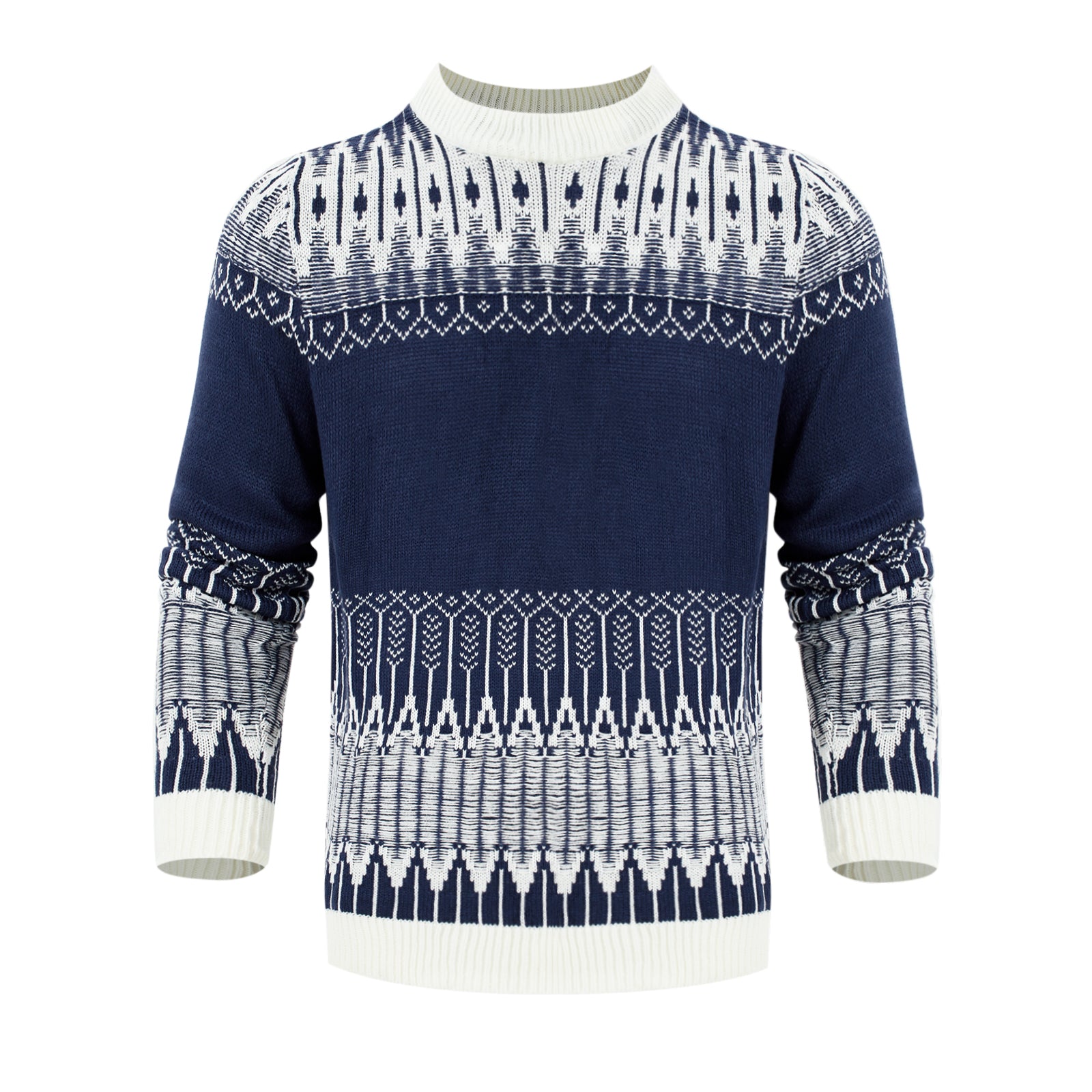 Navy blue sweater with white pattern on a white background