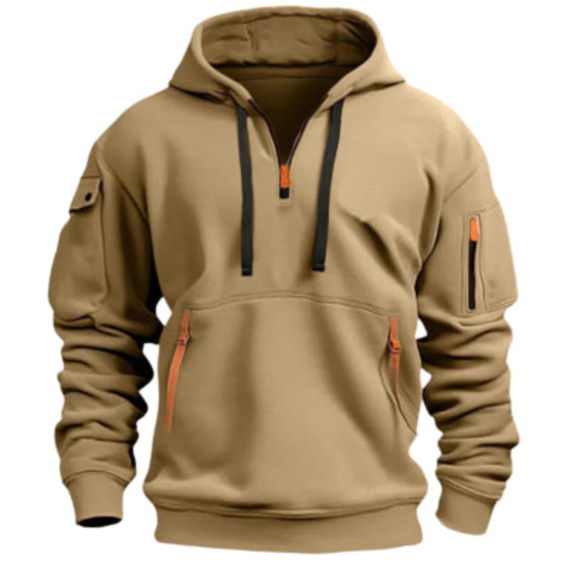 Tan hoodie with orange zippers on a white background