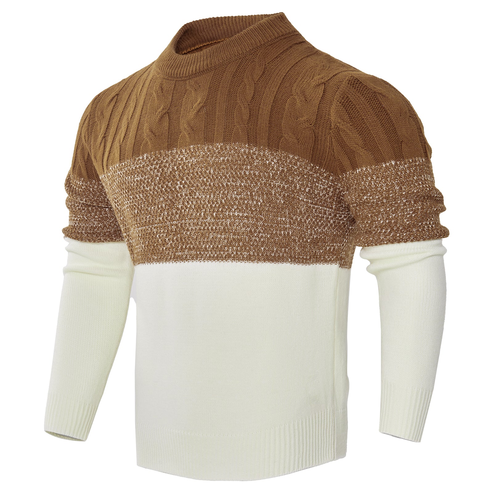 Brown and white sweater with cable knit pattern on a white background