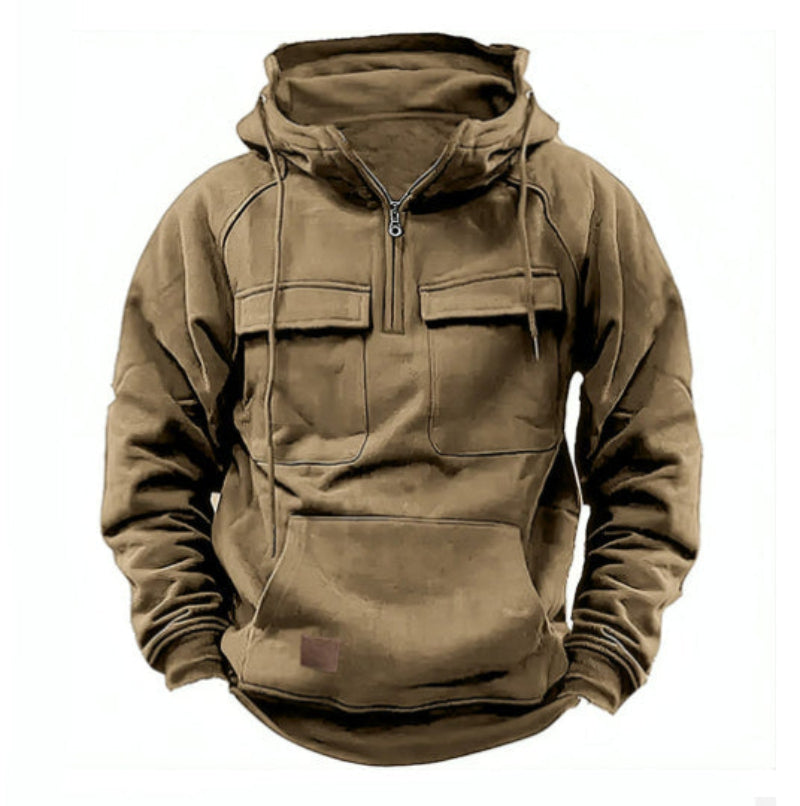 Brown hoodie with front pocket and zipper on a white background