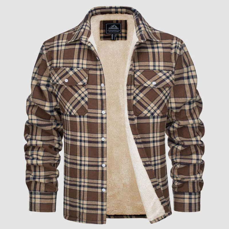 Brown plaid shirt with beige sherpa lining on a light gray background