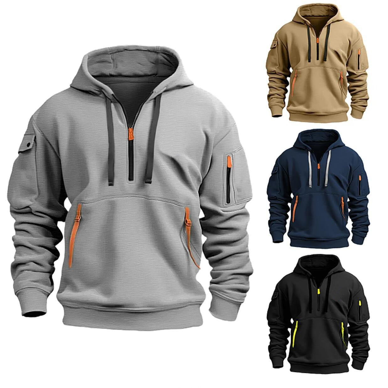 Collection of hoodies in gray, beige, navy, and black with orange accents on a white background.