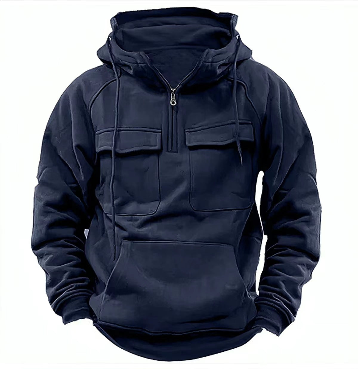 Navy blue hoodie with front pockets on a white background