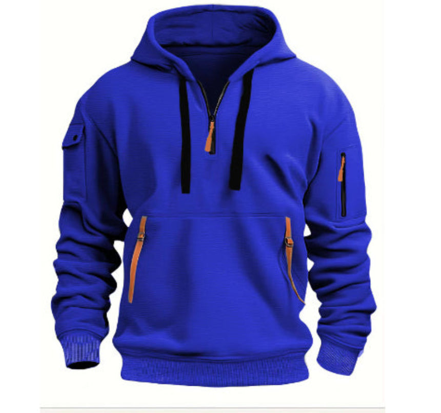 Blue hoodie with orange zippers on a white background