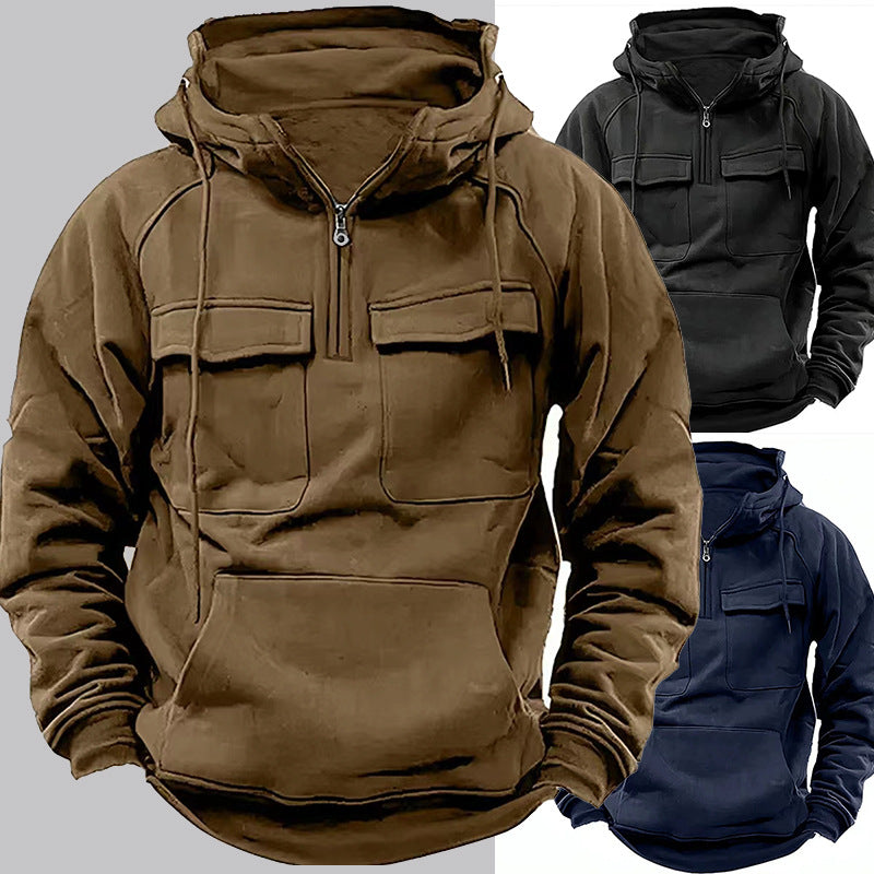 Three hoodies in brown, black, and blue on a gray background