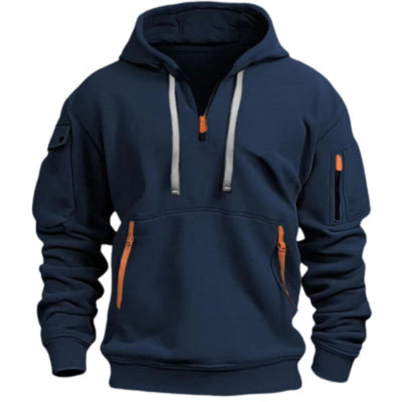 Navy blue hoodie with orange accents on a white background