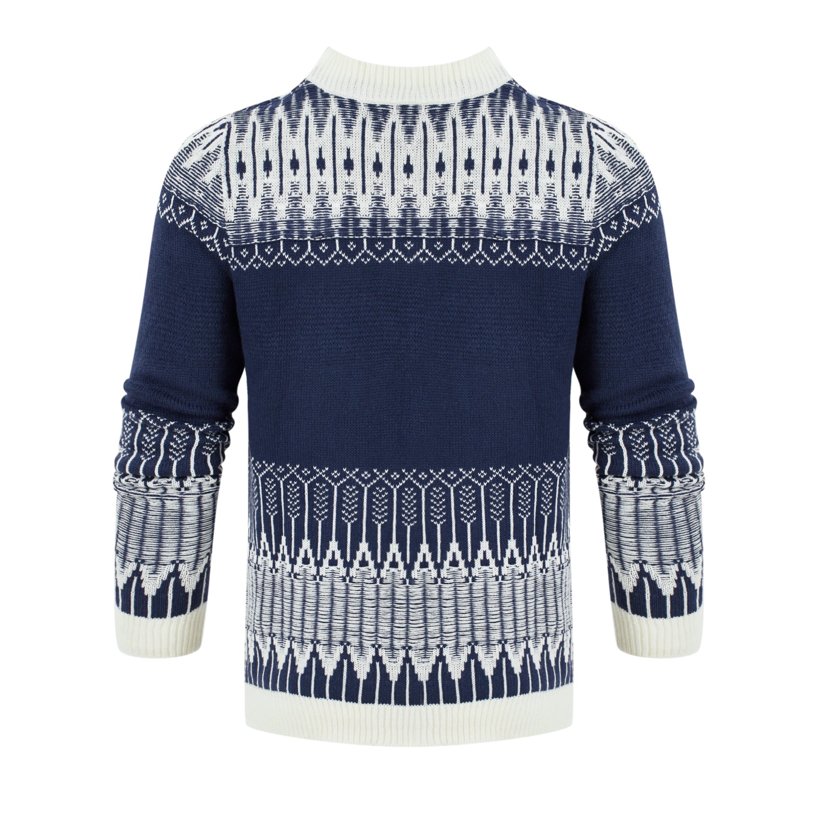 Navy blue sweater with white pattern on a white background