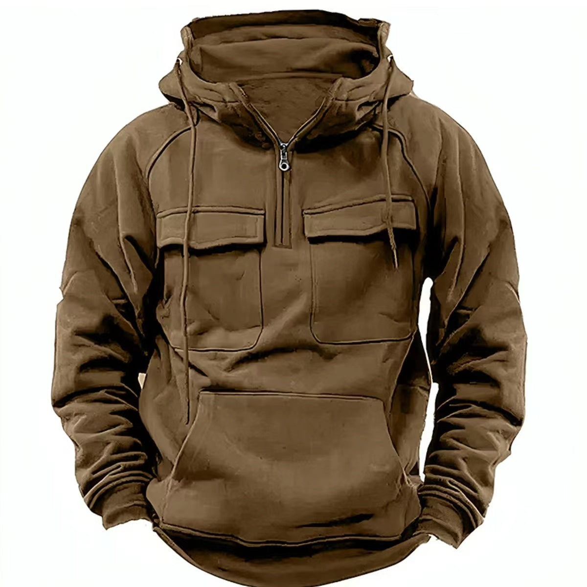 Brown hoodie with front pockets and a zipper on a white background