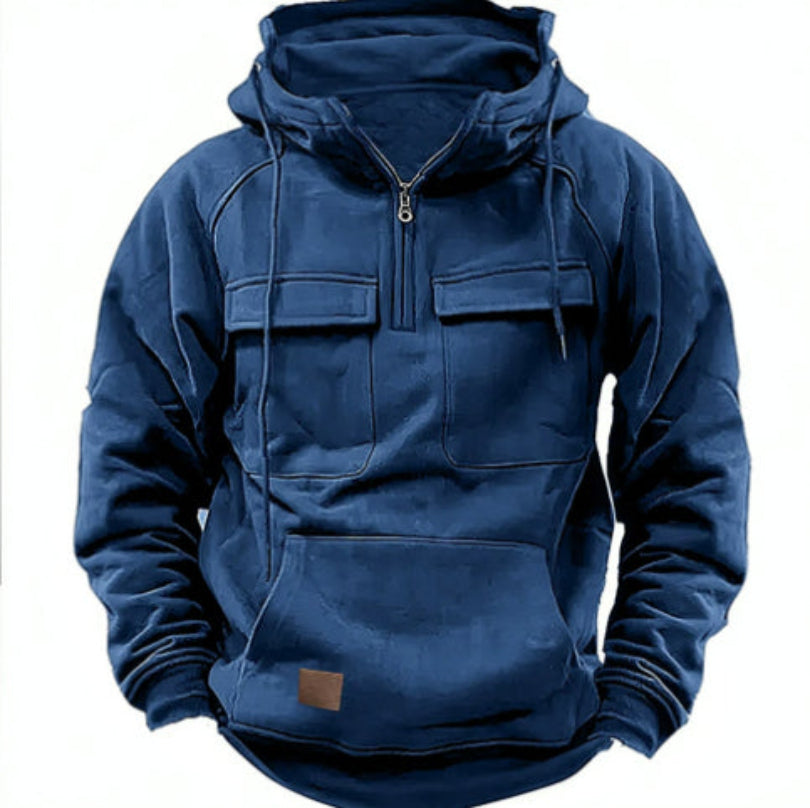 Blue hoodie with front pocket on a white background