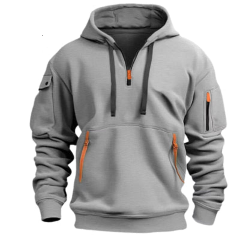Gray hoodie with orange zippers on a white background