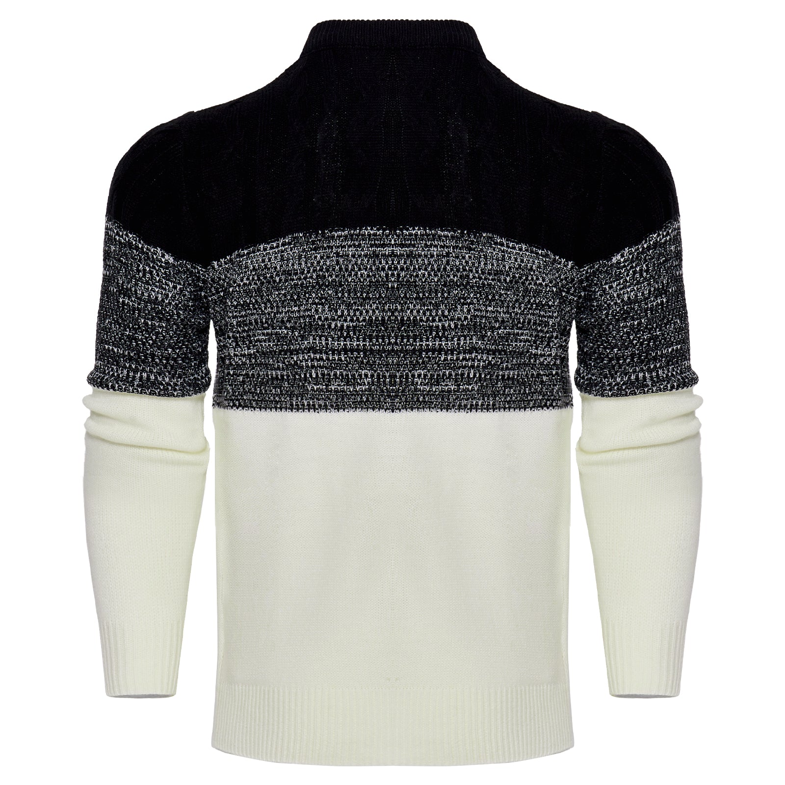 Sweater with black and white color block design on a white background