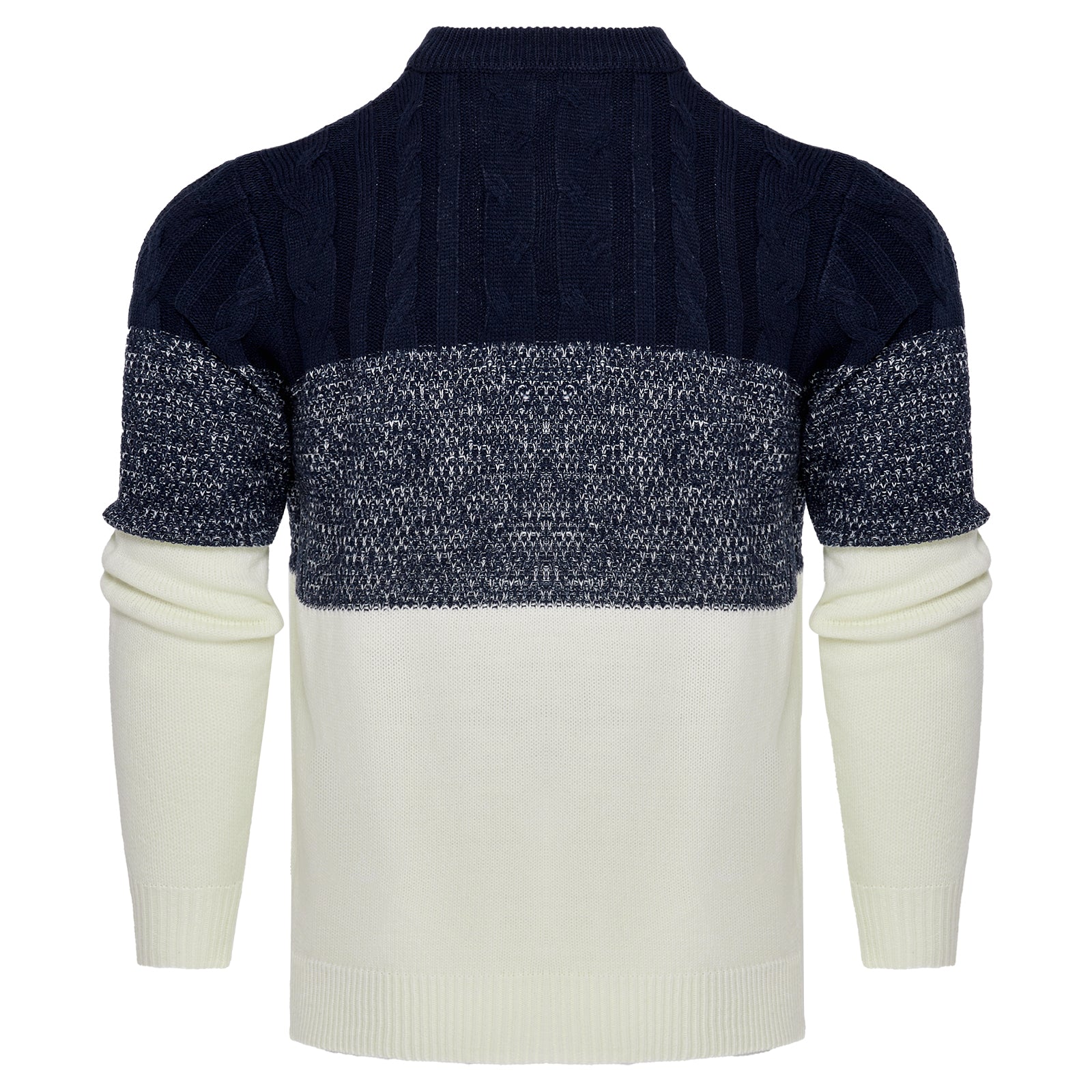 Two-tone sweater with dark blue and white sections on a white background